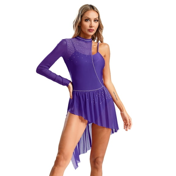 Miaeowve Women Lyrical Dance Leotard Asymmetrical Dress Sheer Mesh Skirt Stage Performance Dancewear Purple M