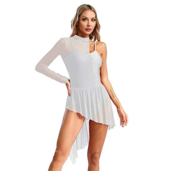 Miaeowve Women Lyrical Dance Leotard Asymmetrical Dress Sheer Mesh Skirt Stage Performance Dancewear White M