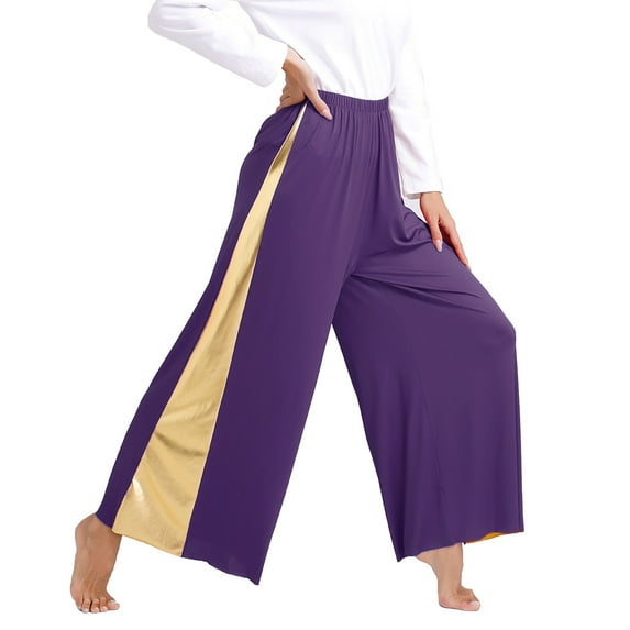 Miaeowve Women Praise Dance Palazzo Pants Metallic Patchwork Wide-Leg Trousers Liturgical Dance Pants Purple XXL