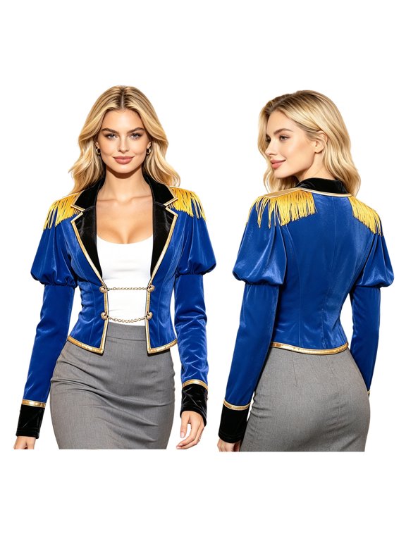 Women's Cropped Jacket with Tassels Fringe Chains Gold Trim Performance Showman Coat Blue S