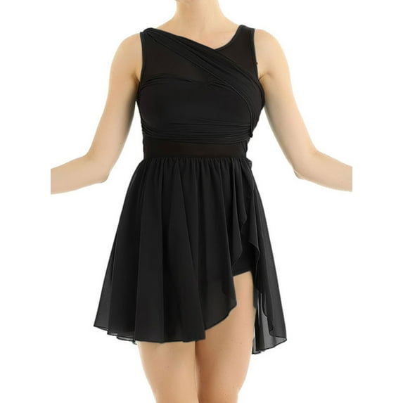Miaeowve Women's Lyrical Dance Dress Ballerina Sleeveless Chiffon Asymmetric Skirted Leotard Performance Dancewear A Black S