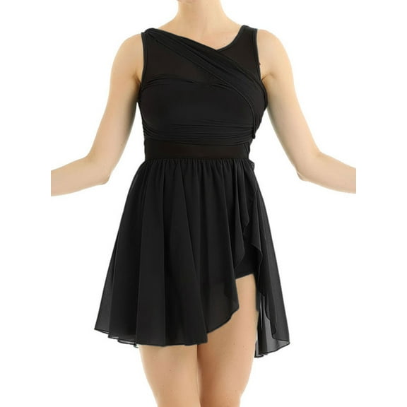 Miaeowve Women's Lyrical Dance Dress Ballerina Sleeveless Chiffon Asymmetric Skirted Leotard Performance Dancewear A Black XXL