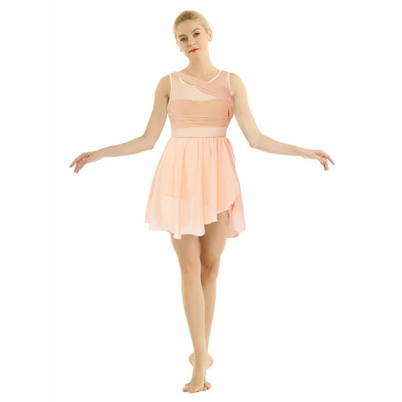 Miaeowve Women's Lyrical Dance Dress Ballerina Sleeveless Chiffon Asymmetric Skirted Leotard Performance Dancewear Orange Pink L
