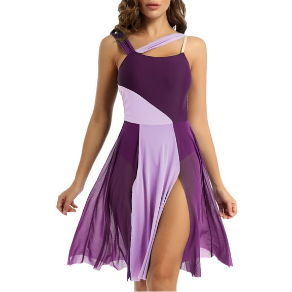 Miaeowve Women's Lyrical Dance Dress Church Worship Tunics Sleeveless Color Block Praise Dresses Dancewear Violet L