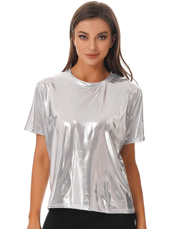 Women's Shiny Metallic Short Sleeve T Shirt Slim Fit Crew Neck Party Shirts Clubwear Silver XXL