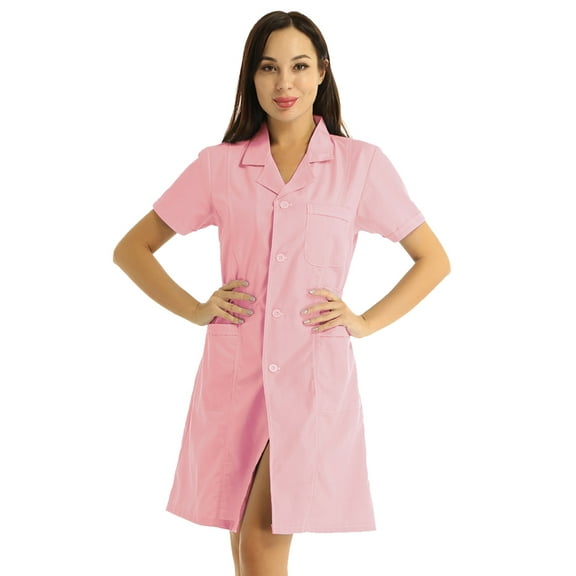 Miaeowve Women's Short Sleeve Button Down Lab Coat Chemist's Nurse Doctor Scientists Uniform Dress Pink Large