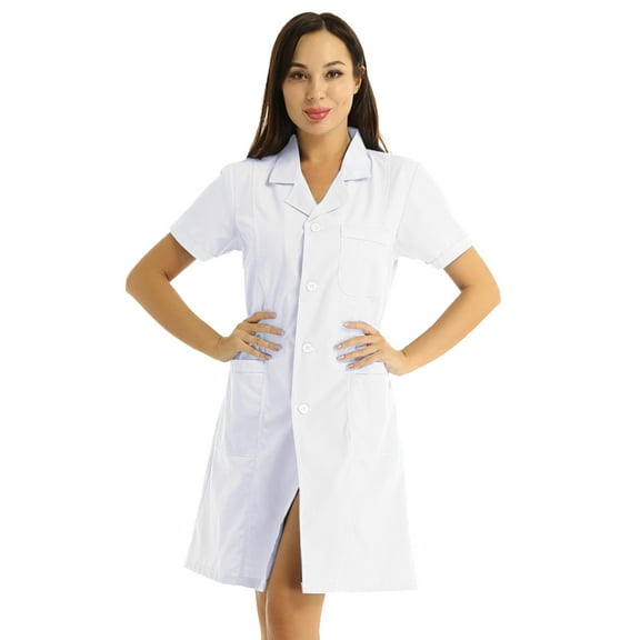 Miaeowve Women's Short Sleeve Button Down Lab Coat Chemist's Nurse Doctor Scientists Uniform Dress White Medium