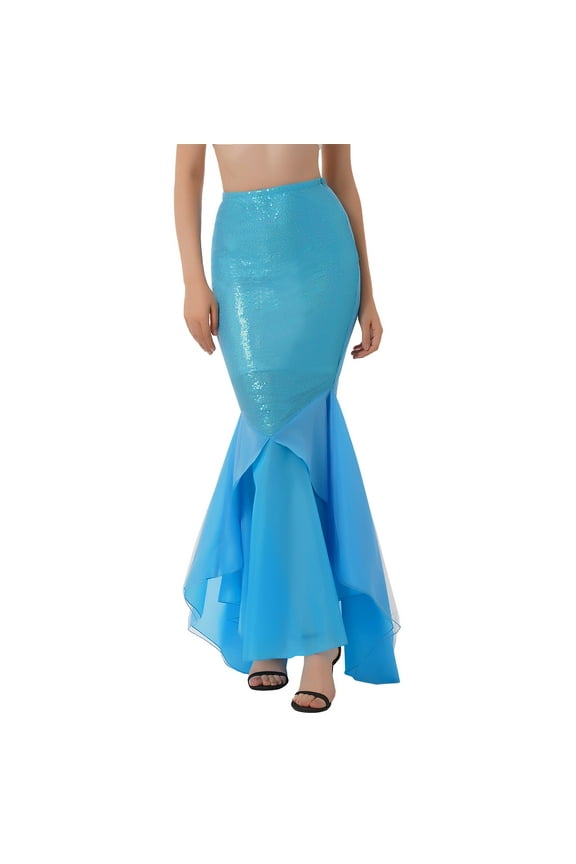 Womens Glitter Sequins Mermaid Long Tail Skirt with Asymmetric Mesh Panel Party Dress Blue S