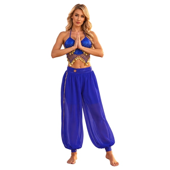 Miaeowve Womens Halter Sequin Top and Chiffon Harem Pants 2 Piece Belly ...