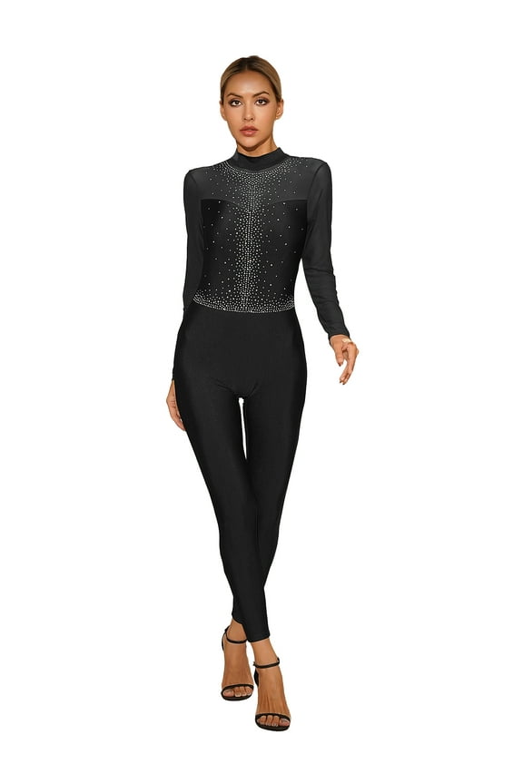 Womens One Piece Unitard Full Body Leotard Gymnastics Unitard Figure Skating Jumpsuit Black XL