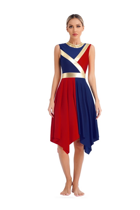 Womens Praise Dance Dress Sleeveless Asymmetrical Hem Lyrical Worship Church Dress Dancewear Navy Blue&Red M