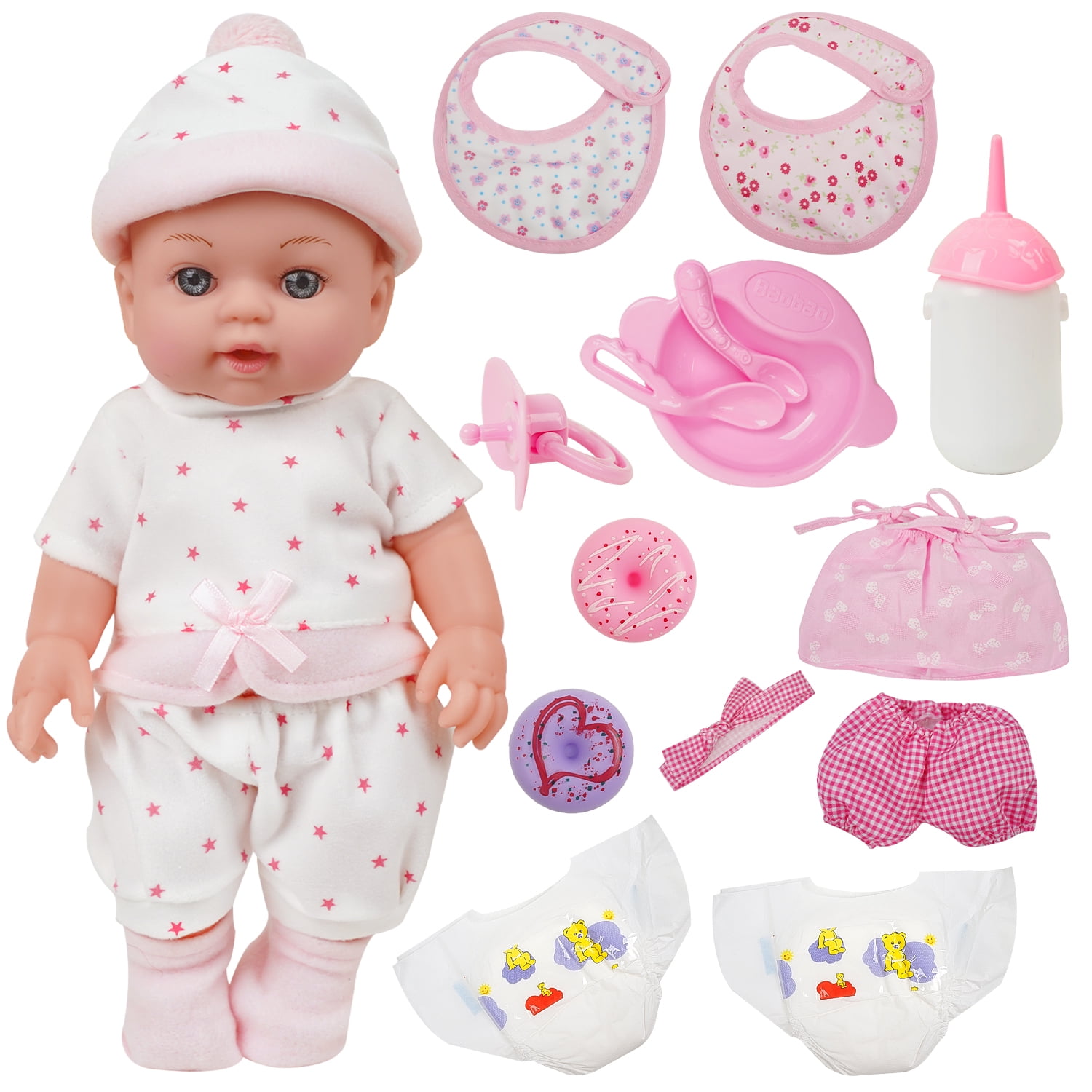 Miaio 12'' Small Newborn Baby Dolls Playset with Feeding Doll