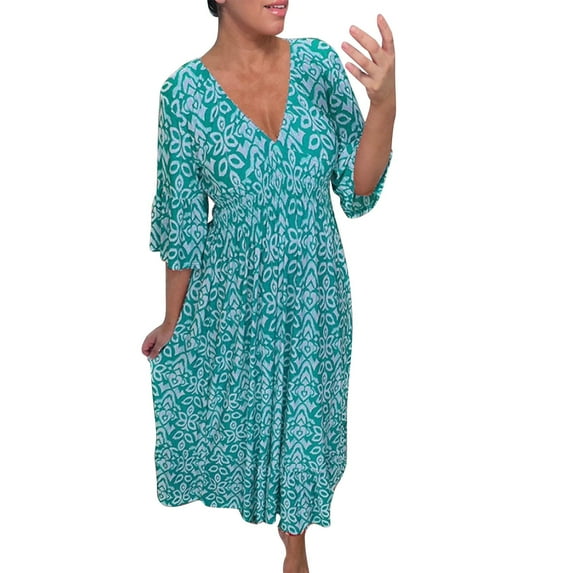Miakty Emily Charm Dresses For Women 2024 Casual Plus Size Boho Maxi Dress Women 3/4 Sleeve V Neck Dress (Blue, 5XL)