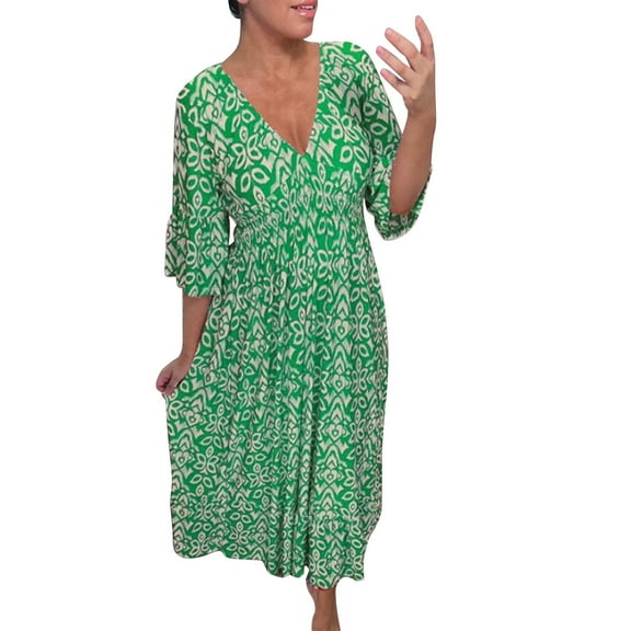 Miakty Emily Charm Dresses For Women 2024 Casual Plus Size Boho Maxi Dress Women 3/4 Sleeve V Neck Dress (Green, 4XL)