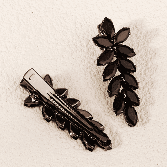Miallo 2-Pack Jet Black Crystal Leaf Hair Barrettes, Elegant Dark Rhinestone Alligator Clips with Secure Grip for Formal Wear