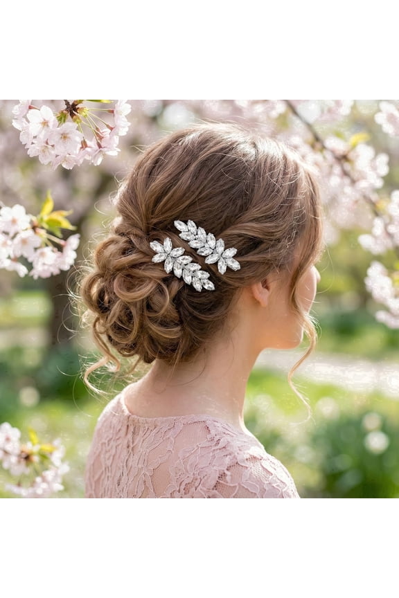 2-Pack Silver Crystal Leaf Hair Clips, Sparkling Rhinestone Bridal Barrettes for Wedding & Evening Prom Accessories