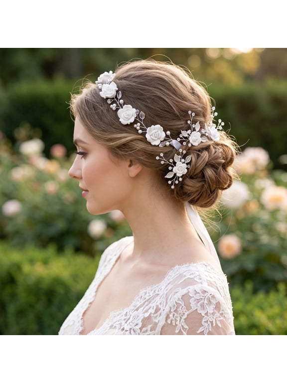 4-Piece Handmade White Rose Bridal Hair Vine and Hair Pins Set, Crystal Pearl Floral Hair Accessories for Women’s Special Occasions