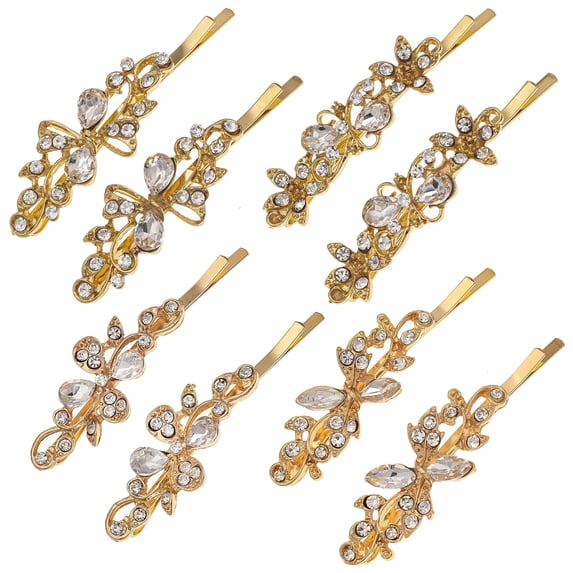 Miallo 8 Pcs Gold Rhinestone Hair Clips Set, Vintage Flower & Butterfly Bobby Pins for Women, Decorative Crystal Hair Slides for Bangs