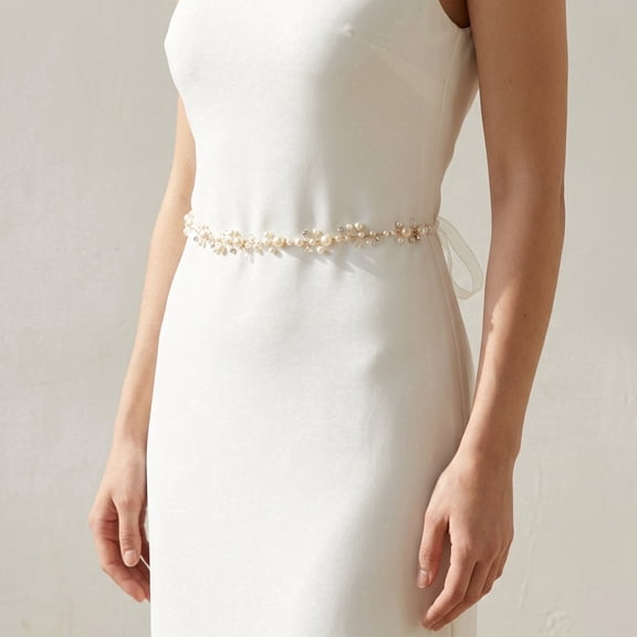Miallo Boho Floral Vine Wedding Belt, Shimmering Pearl Bridal Dress Sash for Beach Ceremonies and Garden Parties