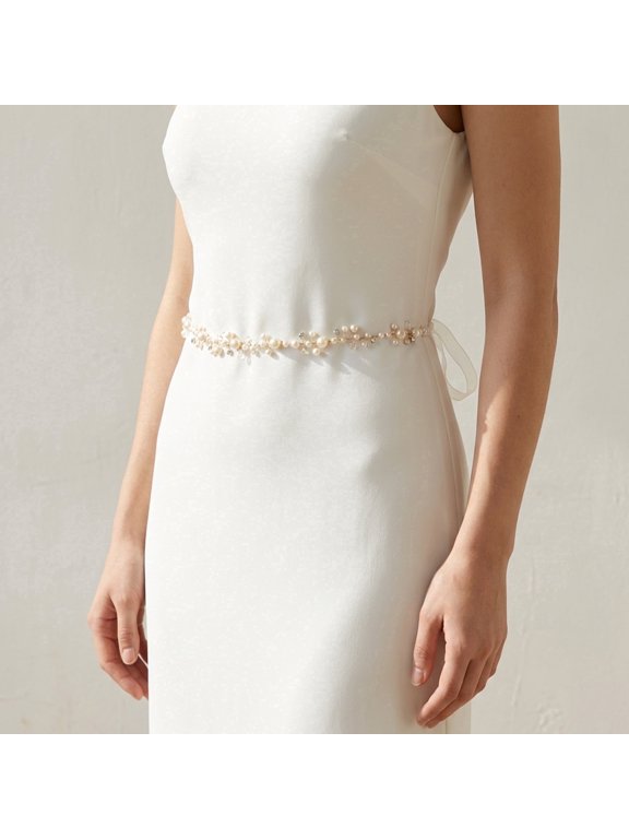 Boho Floral Vine Wedding Belt, Shimmering Pearl Bridal Dress Sash for Beach Ceremonies and Garden Parties