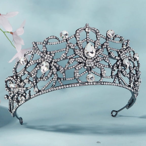 Miallo Elegant Black Gold Queen Crown, Vintage Gunmetal Rhinestone Bridal Tiara, Dark Goddess Gothic Headpiece for Costumes and Themed Parties