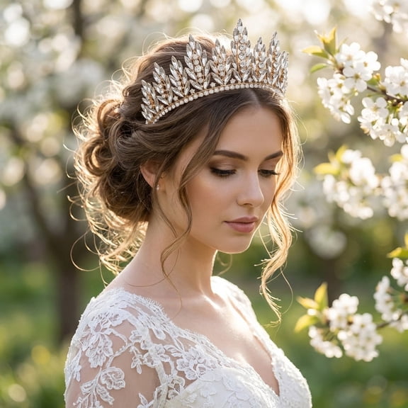 MIALLO Elegant Gold Marquise Crystal Wedding Tiara, Goddess Laurel Leaf Crown for Brides, Pageant Hair Accessories