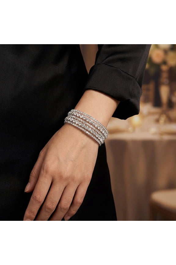 Elegant Multi-Row Rhinestone Bracelet for Brides, Sparkly Silver Open Bangle for Evening Party and Mother's Day