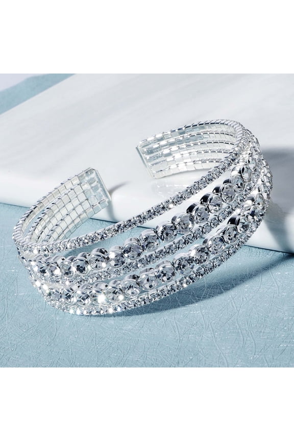 Elegant Multi-Row Rhinestone Bracelet for Brides, Sparkly Silver Open Bangle for Evening Party and Mother's Day