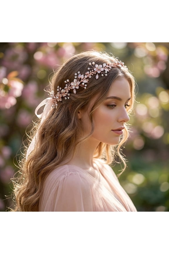 Elegant Rose Gold Bridal Hair Vine with Faux Pearls, Shimmering Flower Wedding Headband with Organza Ribbon for Holiday Ball Party