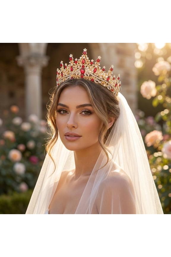 Festive Ruby Red Rhinestone Princess Tiara, Elegant Formal Headwear for Birthday Celebration and Gala, Glamorous Hair Accessory