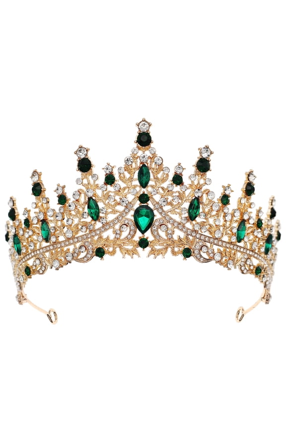 Forest Green Gemstone Queen Crown for Costumes, Regal Rhinestone Bridal Tiara for Wedding, Elegant Birthday Hair Accessory