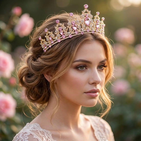 Miallo Gold Pink Quinceanera Tiara - Rhinestone Princess Crown for Sweet 15, 16 Birthday & Prom