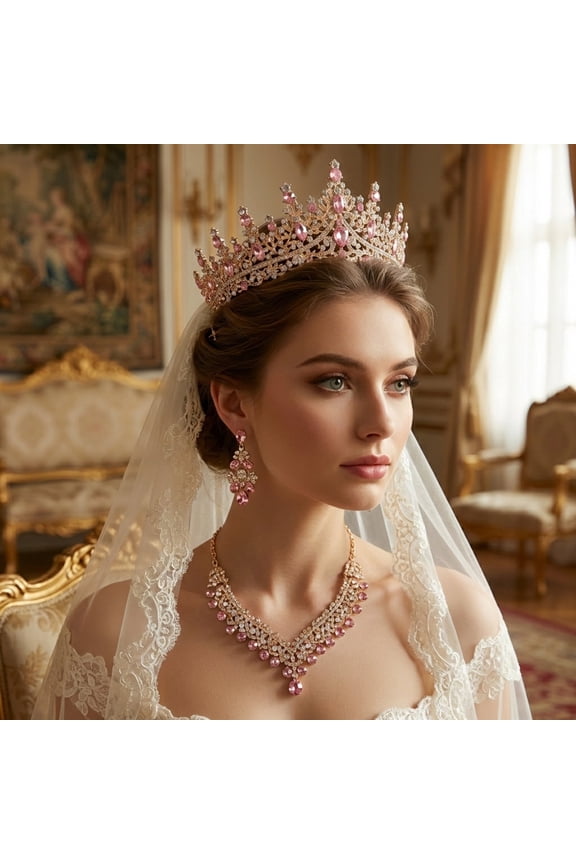 Gold & Pink Rhinestone Princess Crown Set, Sparkling Pink Jewelry for Prom and Homecoming, Girly Birthday Surprise Set