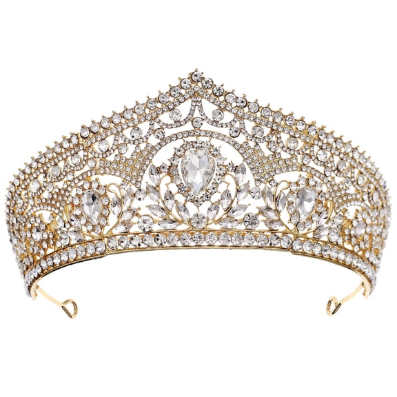 Miallo Luxury Gold Wedding Crown for Bride, Large Baroque Crystal Tiara for Prom and Quinceanera, Royal Pageant Headpiece