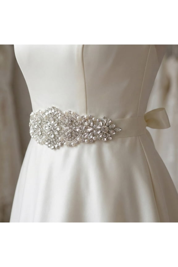 Marquise Crystal Bridal Belt with White Satin Ribbon, Sparkling Rhinestone Wedding Sash for Gowns, Elegant Pearl Accent Dress Accessory