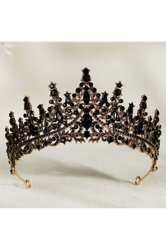 Mysterious Black Rhinestone Headpiece for Masquerade, Baroque Style Crown for Pageant and Prom, Edgy Dark Princess Tiara