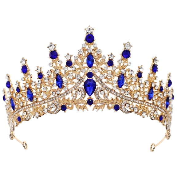 Miallo Royal Blue Crystal Tiara in Gold Setting, Sapphire Rhinestone Queen Crown for Prom, Majestic Bridal Hair Piece for Wedding