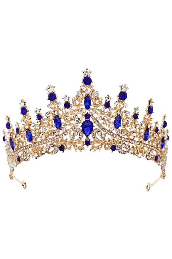 Royal Blue Crystal Tiara in Gold Setting, Sapphire Rhinestone Queen Crown for Prom, Majestic Bridal Hair Piece for Wedding