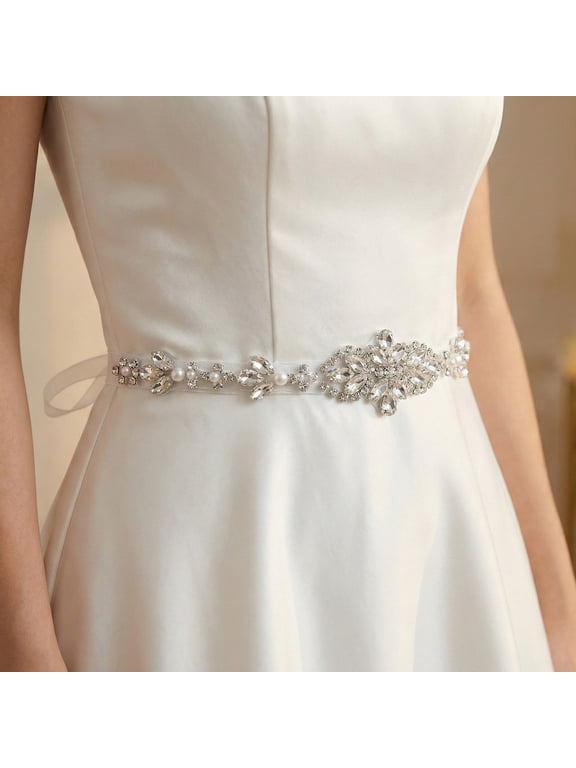 Slim Crystal Bridal Belt with Sheer Organza Ribbon, Minimalist Rhinestone Wedding Sash for Gowns, Thin Sparkling Waistband with Pearl Accents