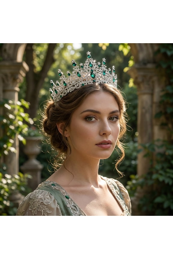 Vintage Emerald Green Crystal Tiara for Women, Baroque Silver Rhinestone Queen Crown, Forest Theme Wedding Bridal Headpiece