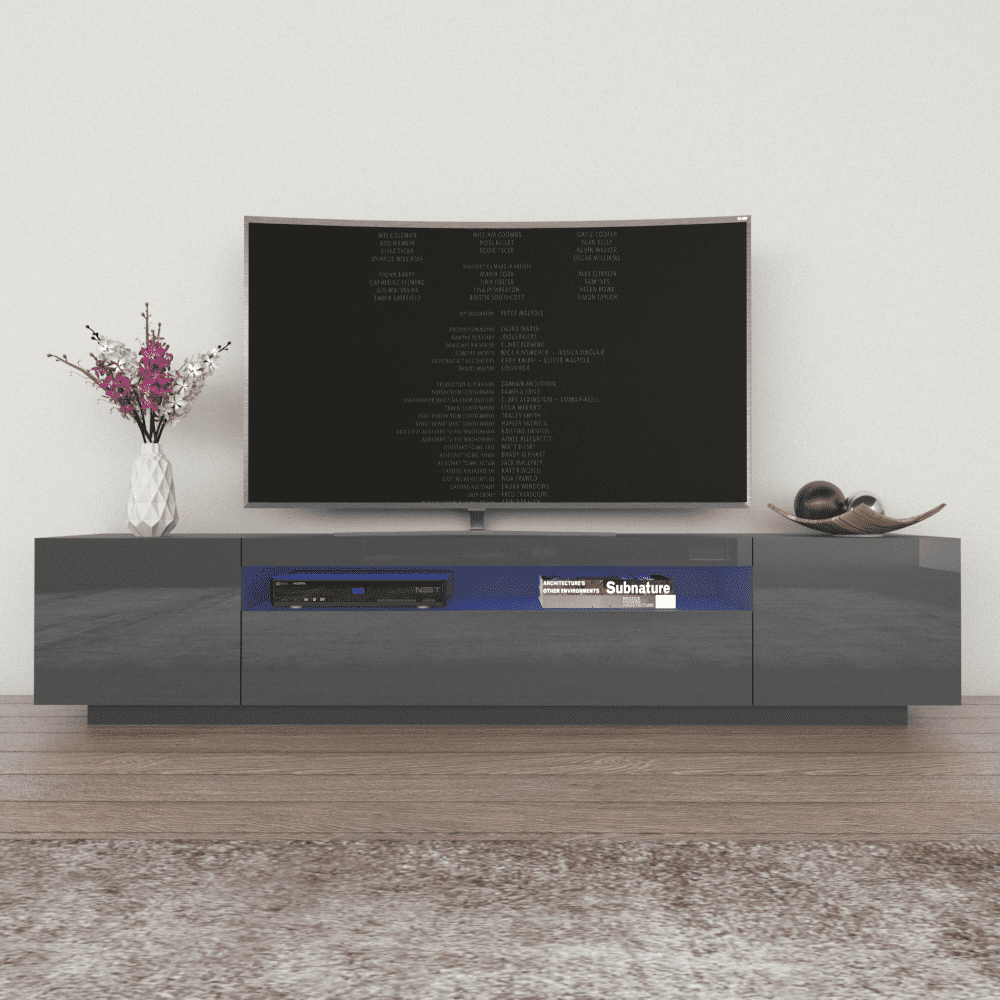 Dark Gray High Gloss Modern TV Stand with Storage Cabinets and LED Lights
