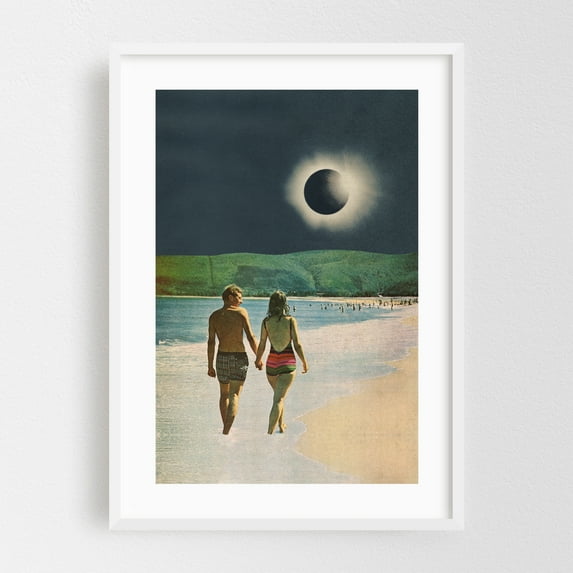 Miami 2045 - Miami Beach Florida Collage Beach Surrealism Retro Moon Vintage Summer Psychedelic White Framed Wall Art Print 5 x 7 inches