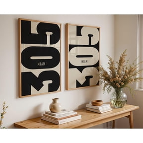 Miami 305 Area Code Poster Set Minimalist Black Beige Wall Art Set 2