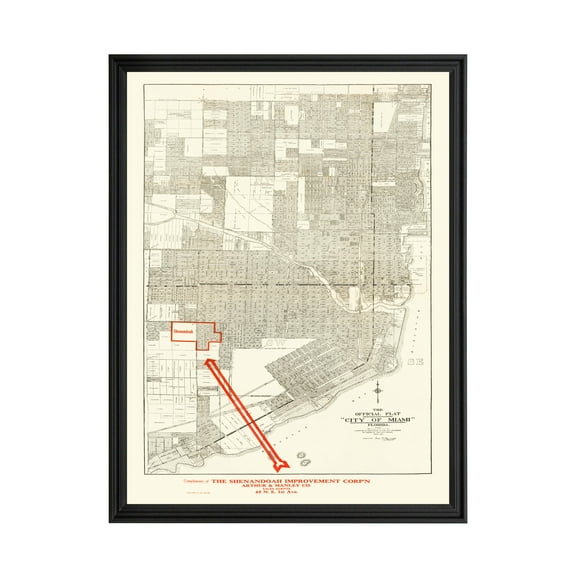Miami Art, 1918 Vintage Map of Miami Florida, FL History Wall Decor Gift, Old Miami Map - 18" x 24" Black Framed Print