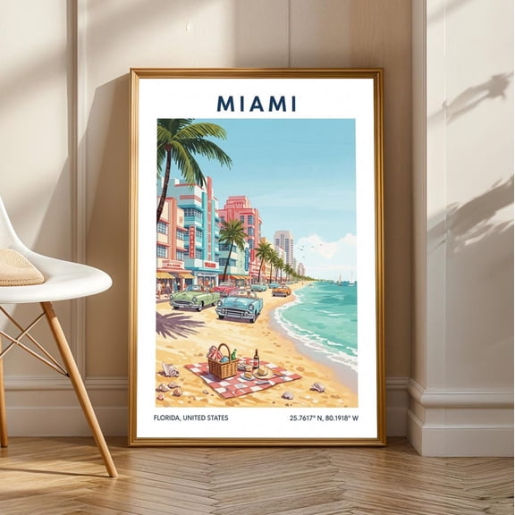 Miami Art Deco Poster: Vintage Gouache Illustration, Retro Beach Print, Unframed Poster Size 24x36