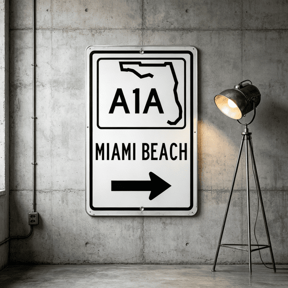 Miami Beach A1A Highway Sign Metal Wall Decor Florida Road Vintage Souvenir Coastal Home Art Retro Bar Bedroom Office Dorms Travel Memorial Gifts Reproduction Americana Rustic Seaside Nautical 7.87in