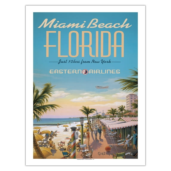 Miami Beach Florida - Eastern Airlines - Just 10 hrs from New York - Vintage Airline Travel Poster by Kerne Erickson - Bamboo Fine Art 290gsm Paper Print (Unframed) 24x32in