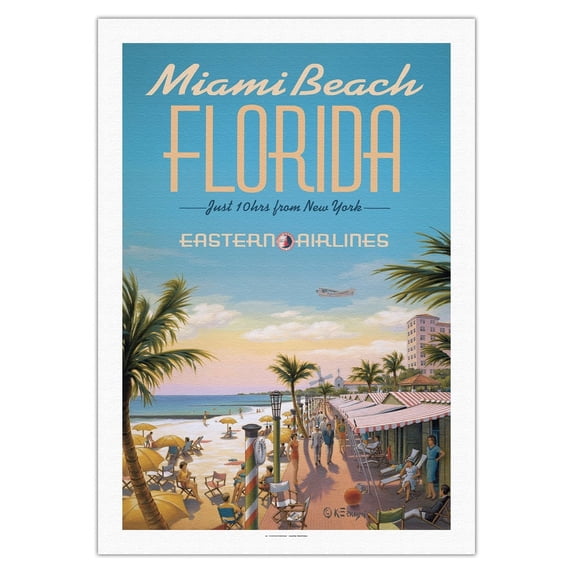 Miami Beach Florida - Eastern Airlines - Just 10 hrs from New York - Vintage Airline Travel Poster by Kerne Erickson - Fine Art Rolled Canvas Print 27in x 40in
