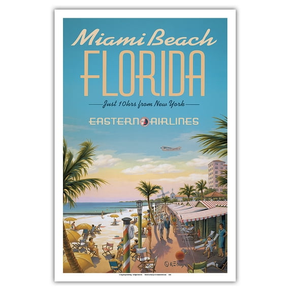 Miami Beach Florida - Eastern Airlines - Just 10 hrs from New York - Vintage Airline Travel Poster by Kerne Erickson - Master Art Print (Unframed) 12in x 18in