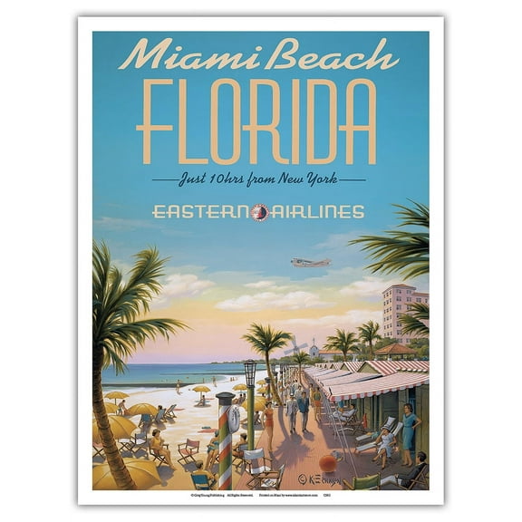 Miami Beach Florida - Eastern Airlines - Just 10 hrs from New York - Vintage Airline Travel Poster by Kerne Erickson - Master Art Print (Unframed) 9in x 12in